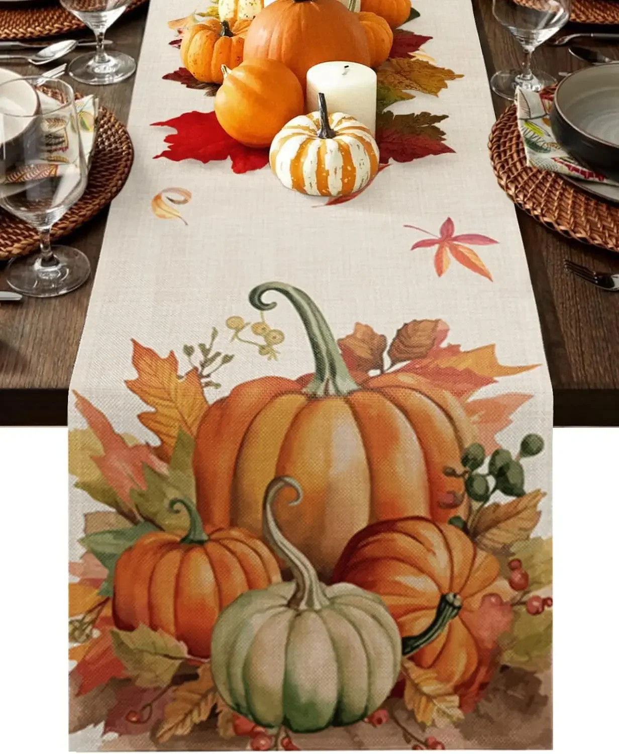 1Pc Autumn Pumpkin Leaf Print Table Runner Beige Harvest Season Table Cover For Dining Room Kitchen Decoration Tabletop Decor