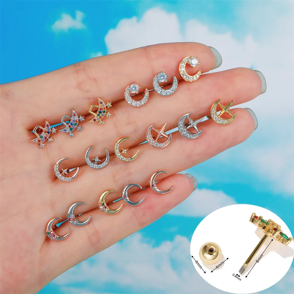 SOHOT 1Piece Stainless Steel Rod Zircon Variety Moon Stud Earrings Piercing Thread For Women Fashion Party Gift Wholesale