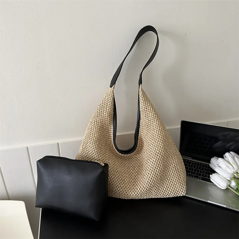 Casual Beach Summer Popular Woven Mother-in-law Bag 2024 Fashionable One-shoulder Seaside Travel Beach Straw Bag Drop Shipping