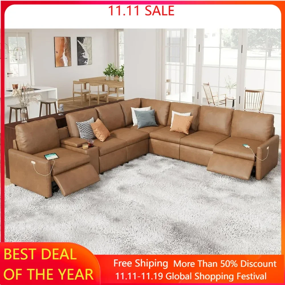 

Reclining Sectional Sofa, Console and Dual Recliner, Cup Holder& Charging Port Modular Couch, 7 Seats L Shaped Recliner Sofas