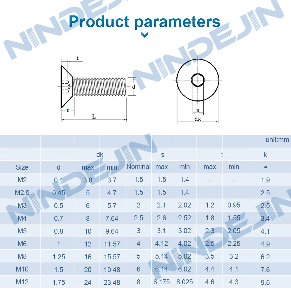 NINDEJIN-soquete sextavado de aço inoxidável, parafuso de cabeça plana escareado, parafusos Allen, DIN7991, M2, M2.5, M3, M4, M5, M6, M8, M10,