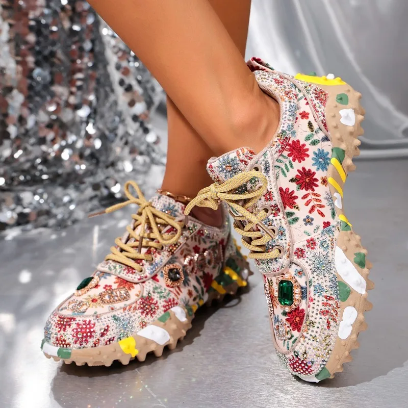 Colorful Single Shoes Women 2026 New Diamond-encrusted Summer Breathable and Versatile Platform Casual Sneakers