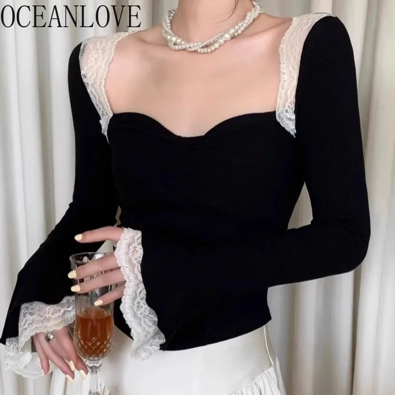 OCEANLOVE Camicie e camicette in pizzo stile francese Top da donna Manica svasata Collo quadrato Retro Blusas Mujer Moda Elegante Dolce Camisas
