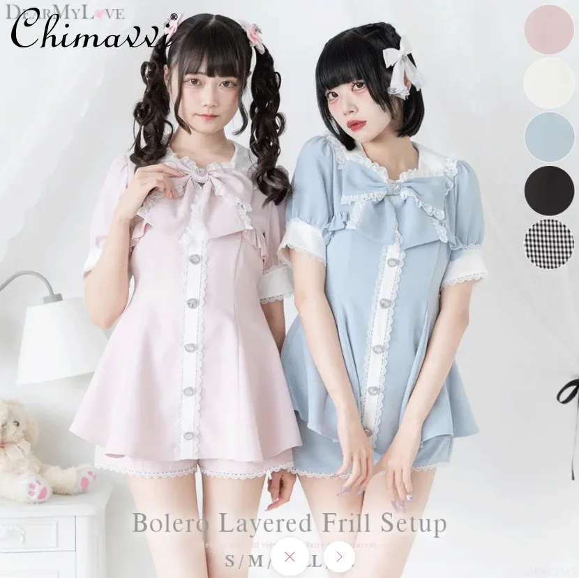 Japanese Sweet Bow Tie Bubble Short Sleeve Rhienstone Button Shirt Dress Top and Shorts Sets Summer Women's Lolita Outfits