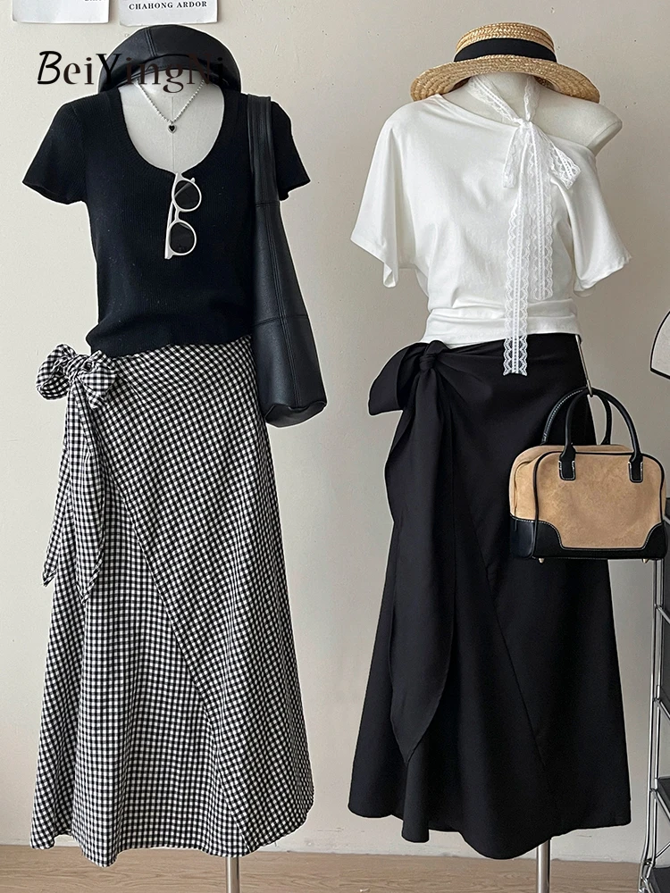 Beiyingni 2025 Summer Vintage Women's One-piece Midi Skirts Plaid Casual Lace-up Irregular Holiday Plaid Skirt Female Faldas