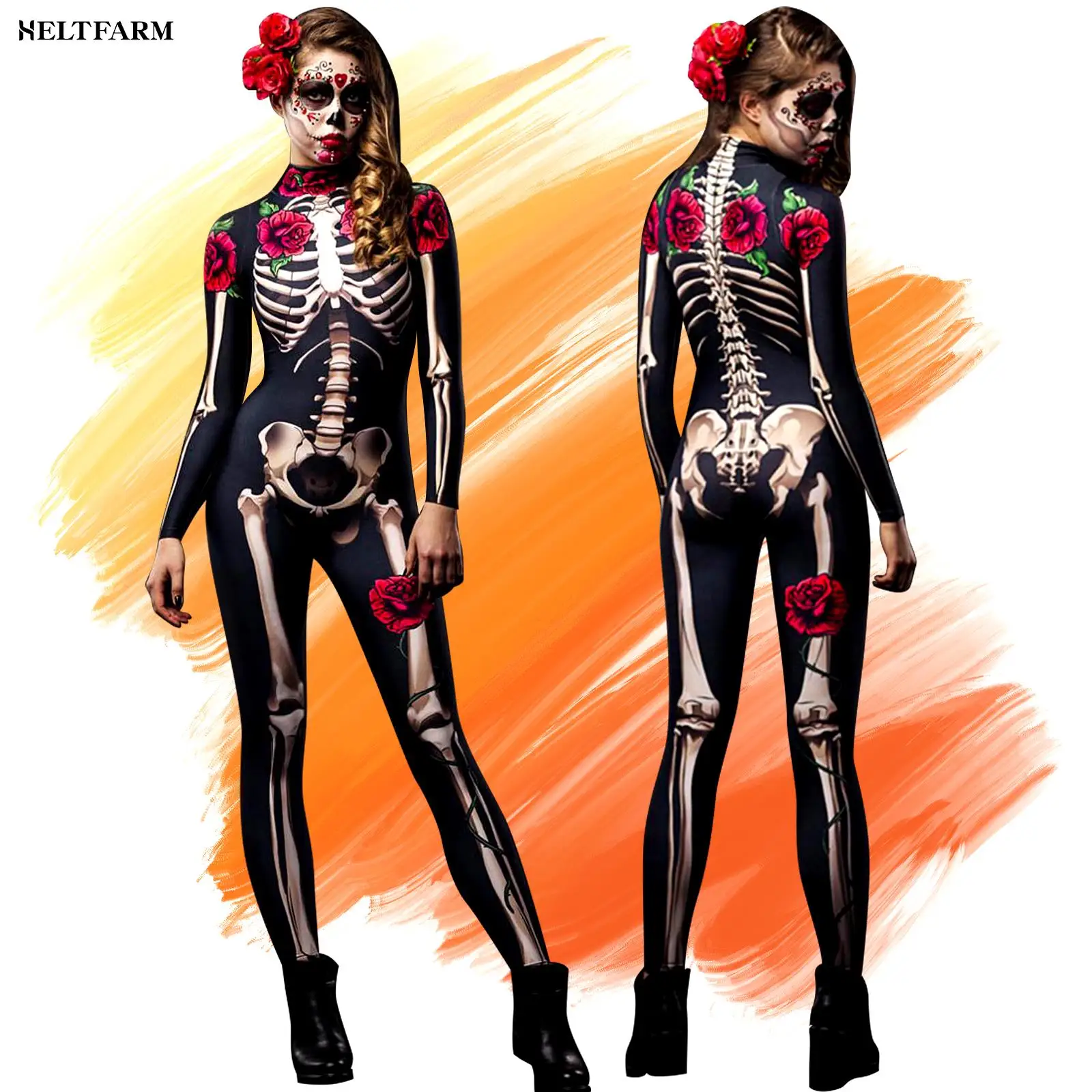 Party City Day of the Dead Catsuit Women's Halloween Costume, Dia de Los Muertos