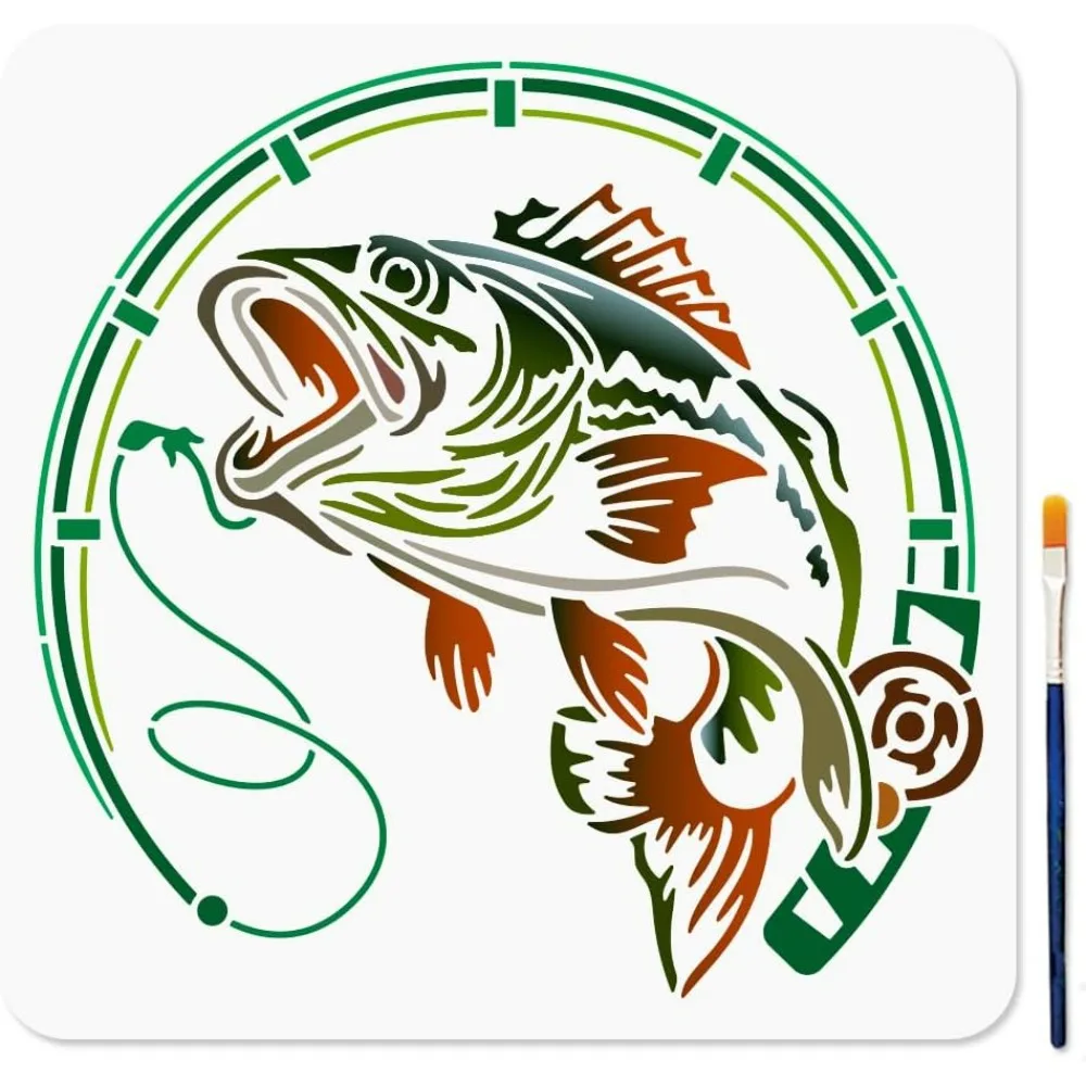 Angelruten-Schablonen, große Seefisch-Schablone, 30 x 30 cm, Fisch-Schablonen zum Malen mit Pinsel zum Basteln auf Fenster, Holz