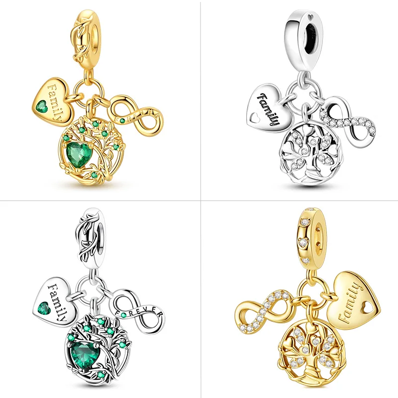 Colgante de Plata de Ley 925 con Baño de Oro, Compatible con Pulseras Originales, Abalorio DIY, Amor Eterno, Árbol de la Vida, Corazón Familiar