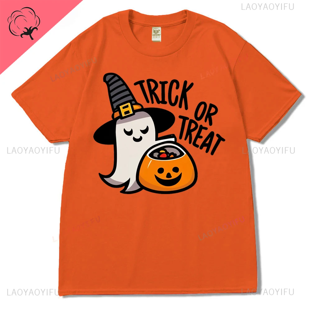 Trick or Treat Ghost Pumpkin Lamp Cartoon Graphics Hallowmas Cotton T Shirt Streetwear Short Sleeve Tshirt Hipster Women Tees