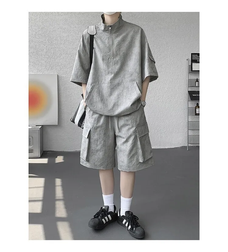 2026 Sommer Hong Kong Style Halb-Reißverschluss-Färbe-Set aus Eisseide mit Kühlfunktion, zweiteiliges Sportswear-Outfit im Hanfu-Stil mit kurzen Ärmeln – Detail 21