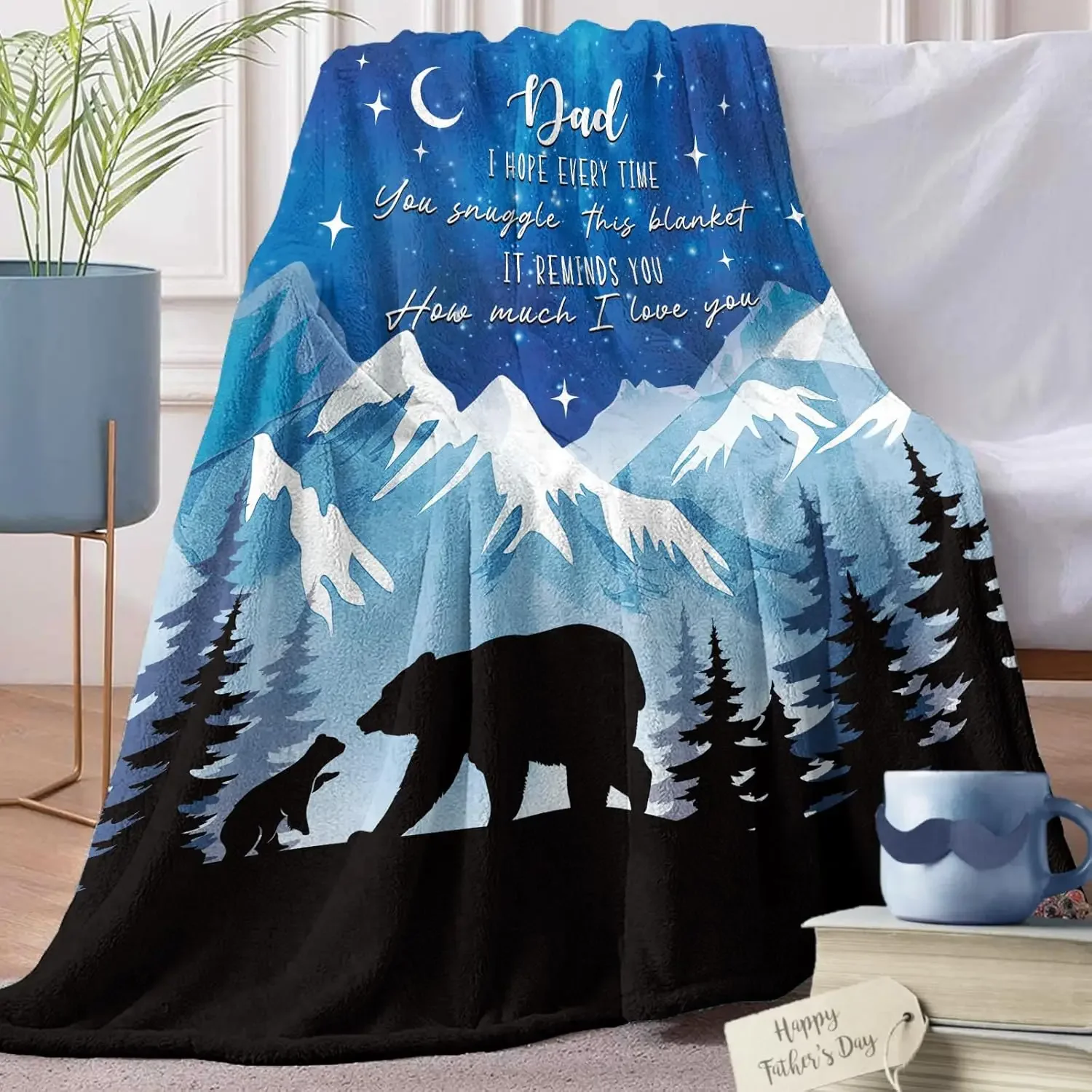 

Gift for Dad from Daughter or Son Soft Flannel Throw Blanket with Bear and Mountain Forest Design Perfect Birthday Present for