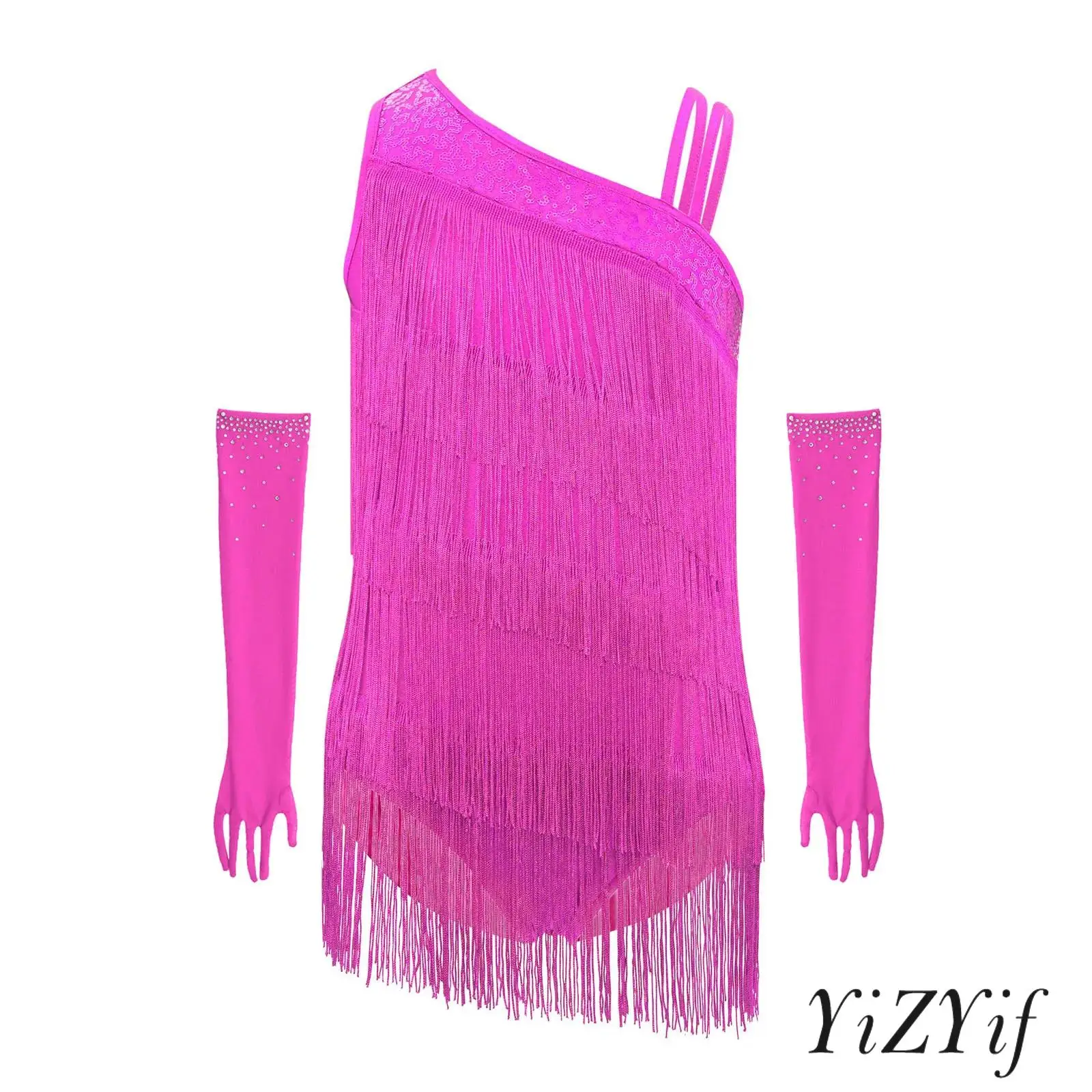 

Girls Latin Dance Costume Set Sequined Tassels And Rhinestones Leotard with Gloves for Ballroom Competitions Stage Performance