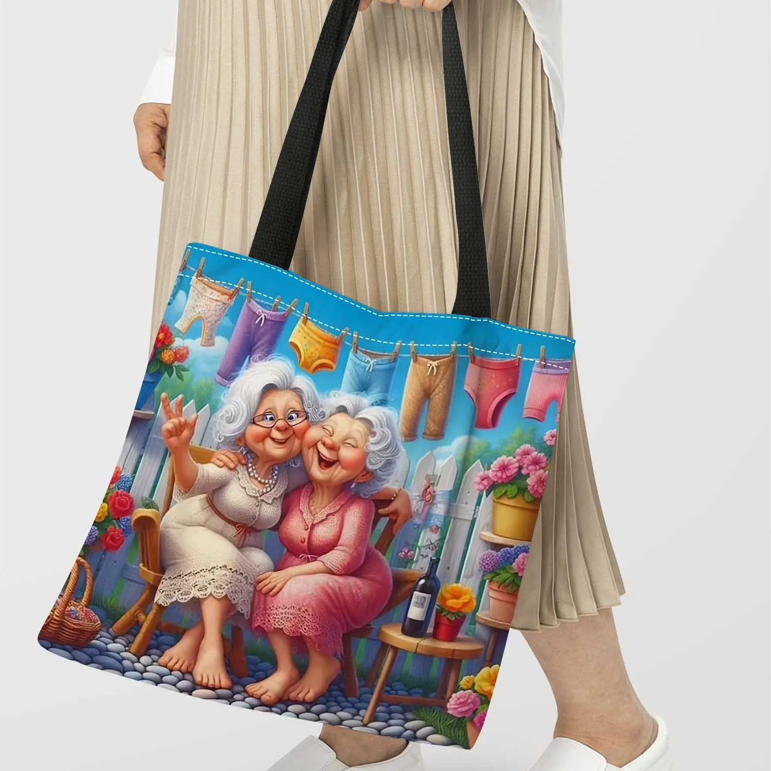 1pc チアフルなおばあちゃんトートバッグ - 笑顔の高齢女性を描いた鮮やかな漫画デザイン、旅行、スポーツ - 女性へのギフトに最適