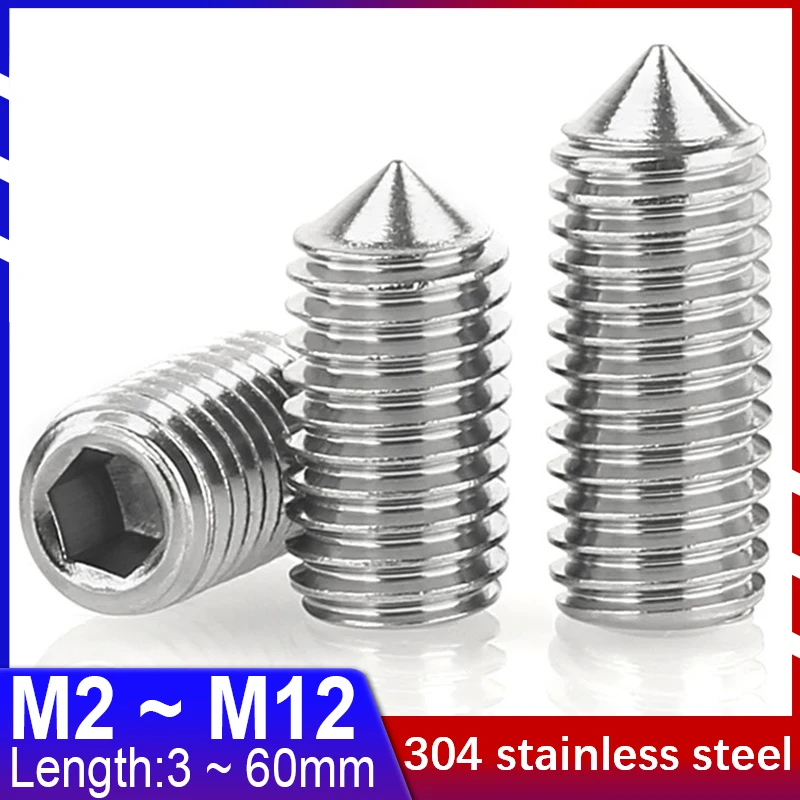 304 Stainless Steel Hex Hexagon Socket Pointed Set Screw Cone Point Grub Screw M2 M2.5 M3 M4 M5 M6 M8 M10 M12 Kimi DIN914 GB78