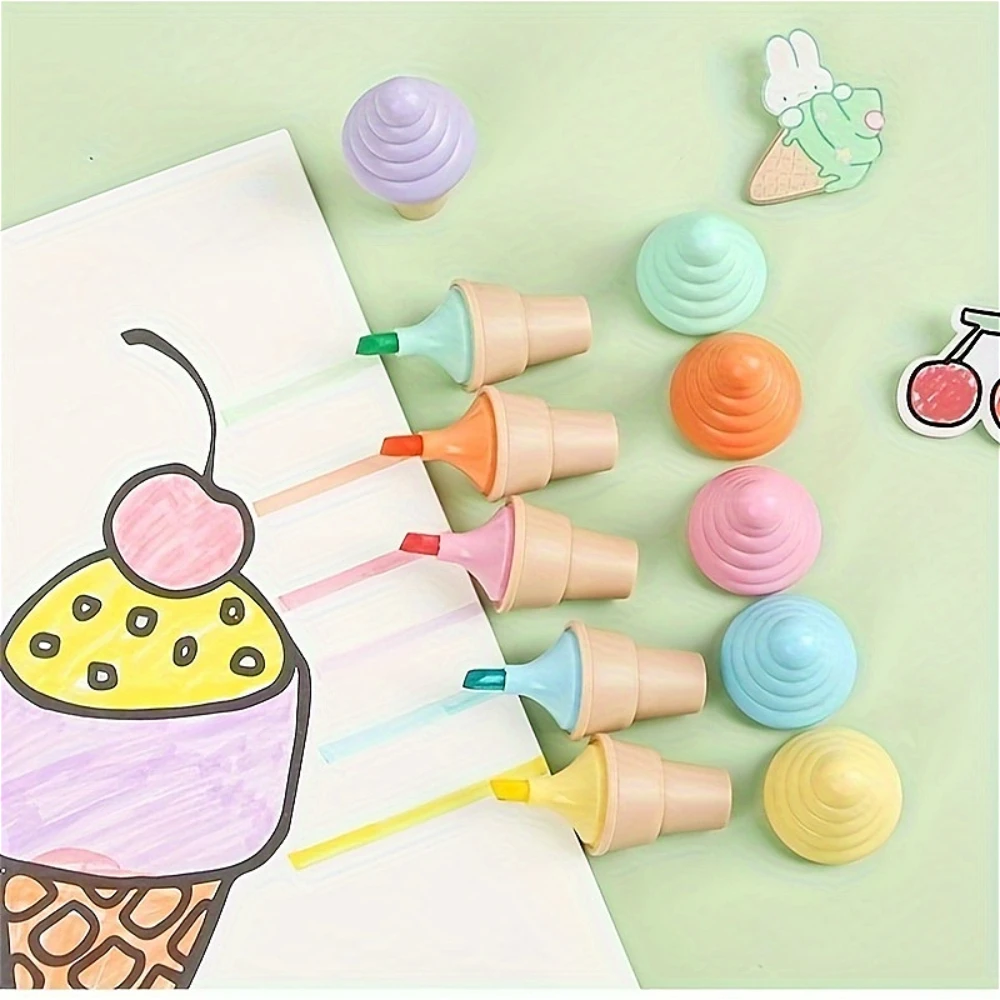 Dos desenhos animados Ice Cream Cone Canetas Fluorescentes, Portátil, Desktop Criativo, Papelaria Pequena, Desenho de Brinquedos, Presentes Favor do Partido, 6Pcs