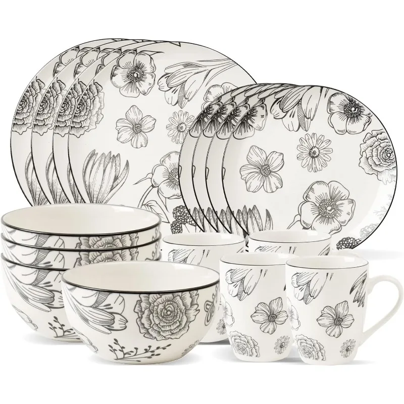 Gold Marble Plates and Bowls Sets, Modern Kitchen 16-Piece Dinnerware Sets, Indoor and Outdoor Plates, with Mugs,Dishwasher Safe