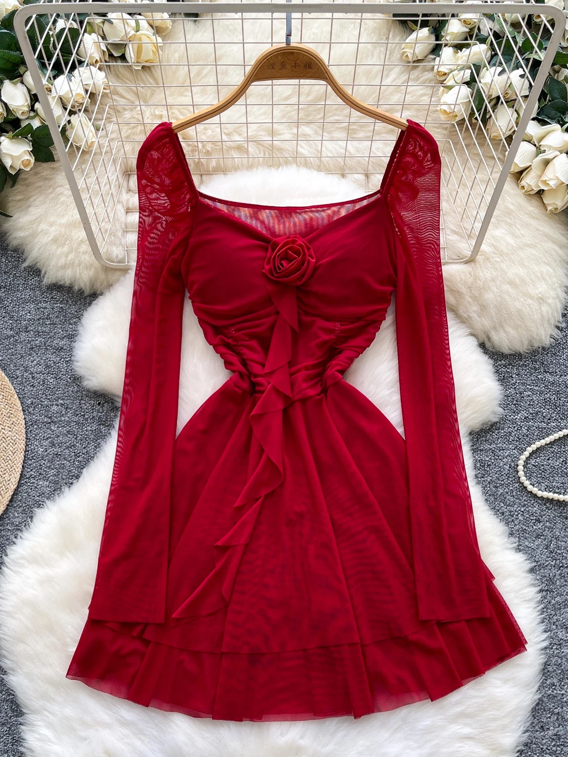 

Foamlina Mesh Dress with 3D Flower Detail V Neck Long Sleeve See Through Slim Ruched High Waist A Line Short Dress Women 2025