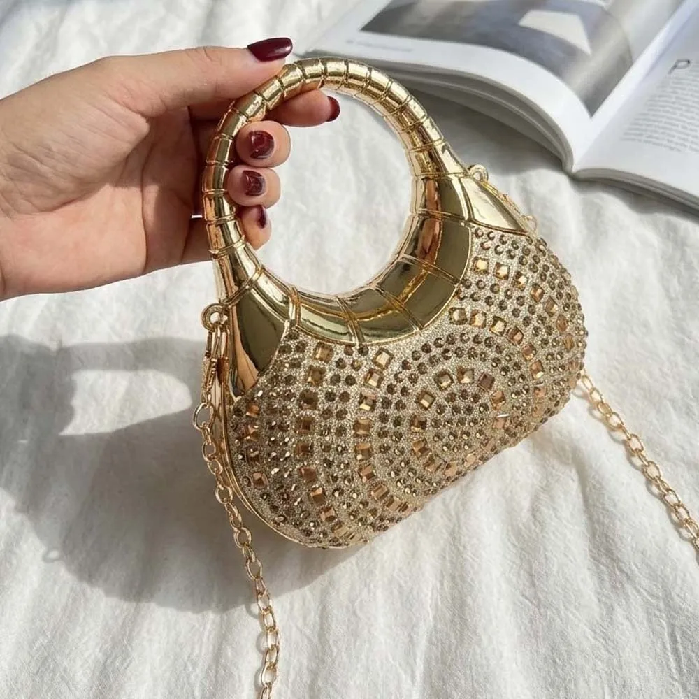 

Crystal Embellished Crescent Evening Clutch High-shine Finish Detachable Chain Rhinestone Box Purse Polished Surface