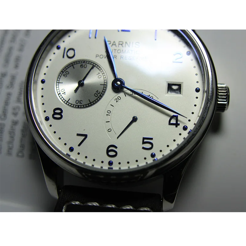 Fashion Parnis 43mm White Dial Mechanical Automatic Watches Men Power Reserve Calendar Leather Strap Sports Watch reloj hombre