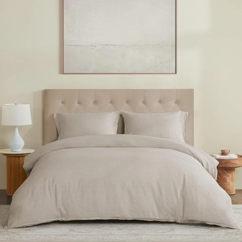 Linen quilt cover three-piece set, light luxury simple high-grade solid color washable quilt cover pillowcase