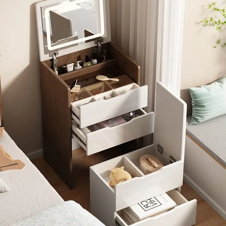 

Modern, simple, flip-top, foldable small apartment, narrow bedside table, dressing table, integrated storage cabinet with LED li