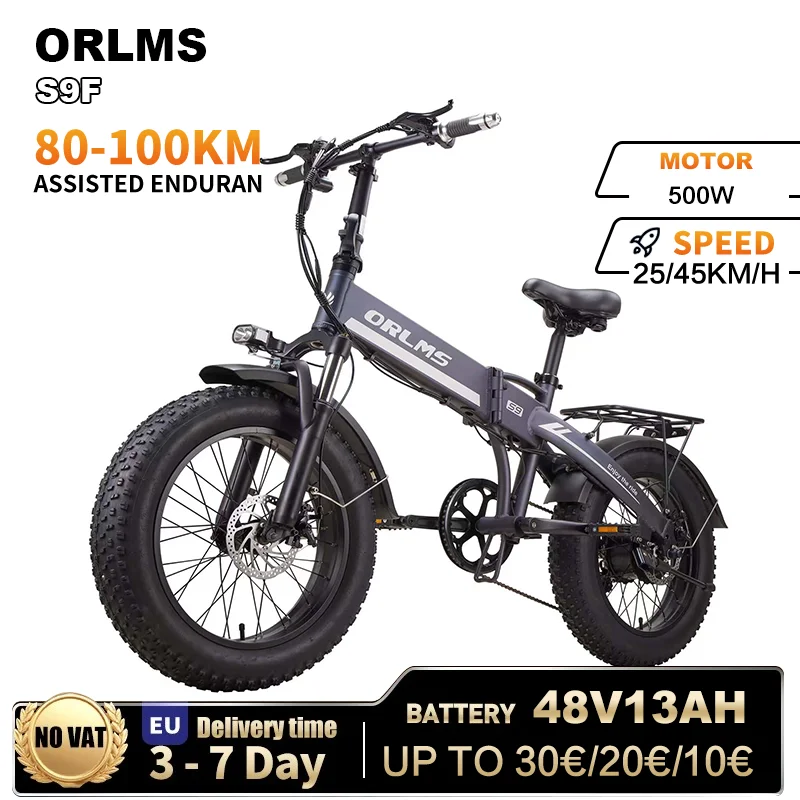 Vélo électrique ORLMS S9F 500W pour adultes, batterie amovible 48V 13Ah, pneus de 20 pouces, vélo électrique pour les trajets en ville et en banlieue
