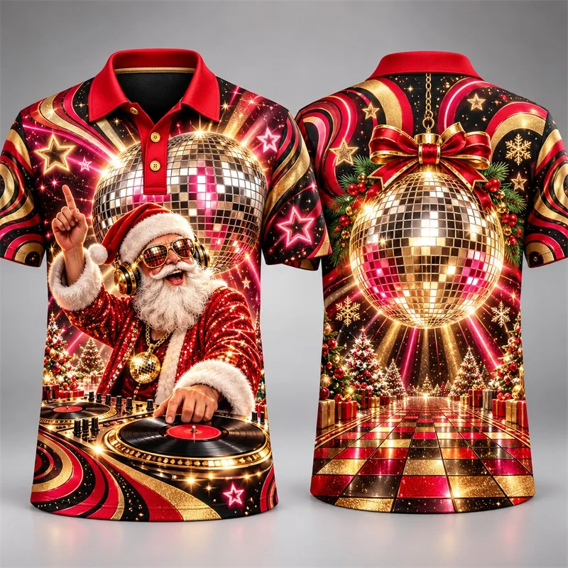 Men Neon Arcade Game Christmas Print Polo Shirt Short Sleeve Disco Ball Santa Game Machine Xmas Holiday Partytee shirt Men