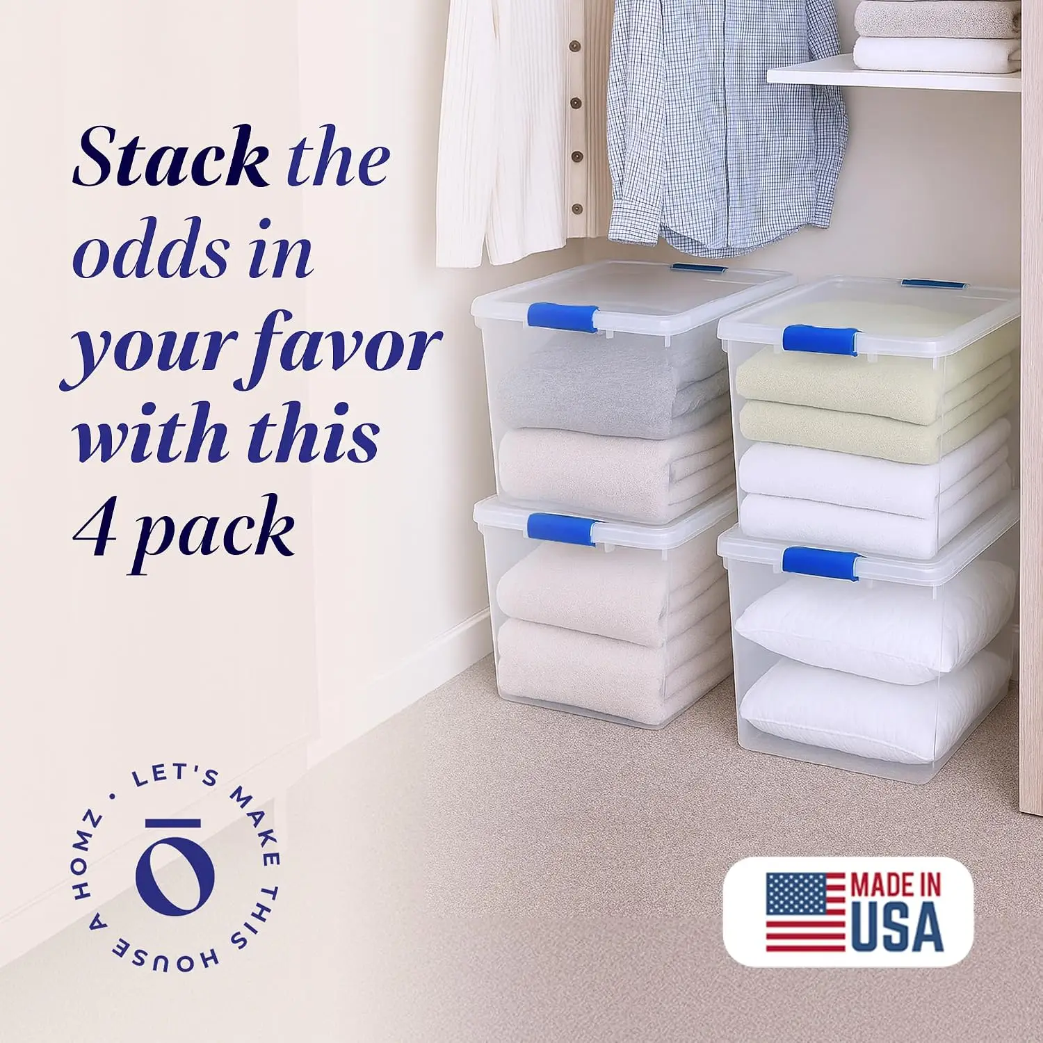 Clear Plastic Storage Bins with Latching Lids, 31 Qt, Blue, 4 Pack