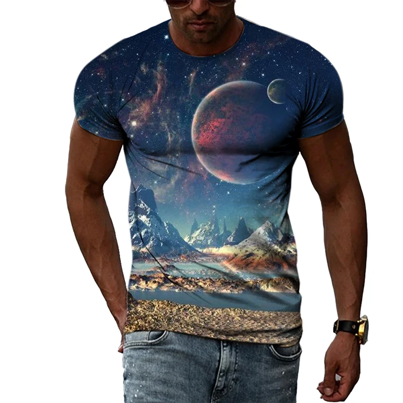 Summer Cosmic Planet Landscape Graphic t shirts For Men Fashion Personality Street Style 3D Printed O-neck Short Sleeve Tee Tops