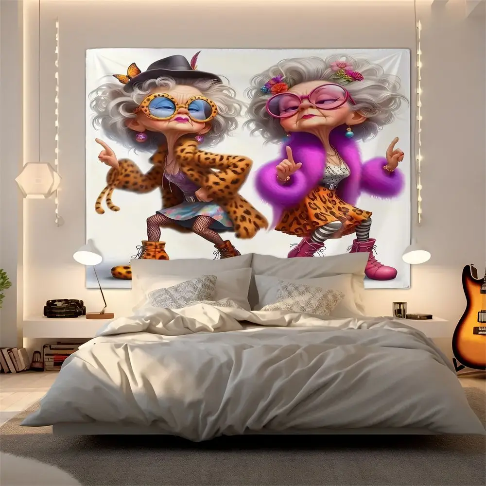 Funny Leopard Granny Cartoon Tapestry Wall Hanging Tapestries Wall Blanket Backdrop Decor HD Print Trendy Bedroom Wall Art