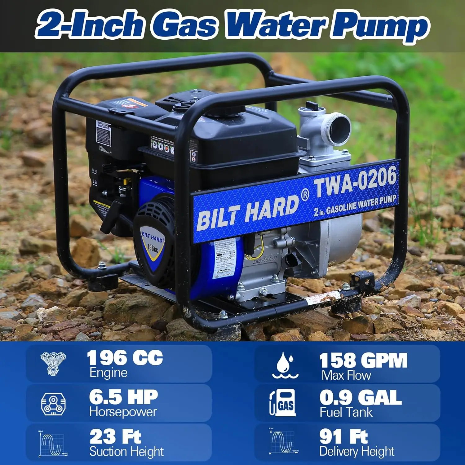 

BILT HARD Semi Trash Pump 2 inch, 158 GPM 6.5HP Gas Powered Water Pump, 196cc 4-Cycle Engine with 50 ft Discharge Hose, 12 ft