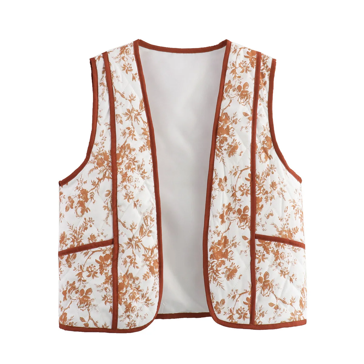 

TRAFZA Women's New Fashion Versatile Sleeveless Printed Quilted Cotton Vest Female Chic Elegant Warm Cardigan High Street Vest