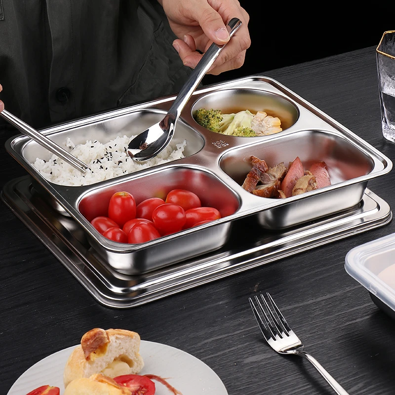 Stainless Steel Canteen Divided Dinner Plate with Lid 4/5 Compartments Lunch Box Kids Food Tray Container School Work Tableware