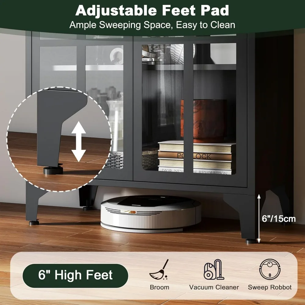 خزانة مطبخ بباب زجاجي مقوس بطول 74 بوصة على طراز المزرعة مكونة من 4 طبقات مع أرفف معدنية قابلة للتعديل #5