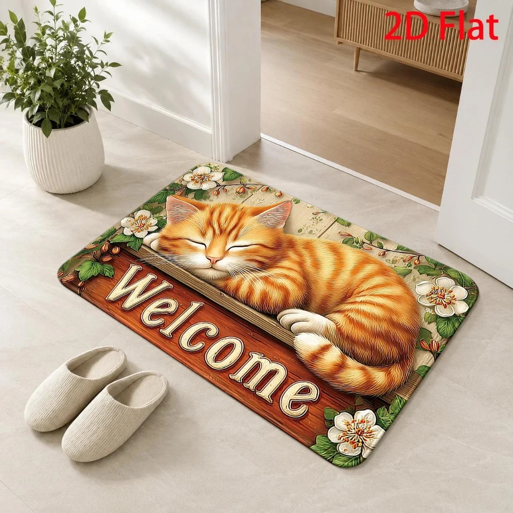 Sleeping Ginger Cat Welcome Doormat Welcome Rug Front Door Entryway Porch Back Door Living Room Non Slip Floor Mat Decor