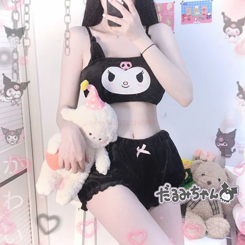 Sanrio Anime Kawaii Cartoon Winter Mymelody Kuromi Cinnamoroll Pajamas Underwear Bra Little Devil Sexy Home Clothes Girl Pajamas