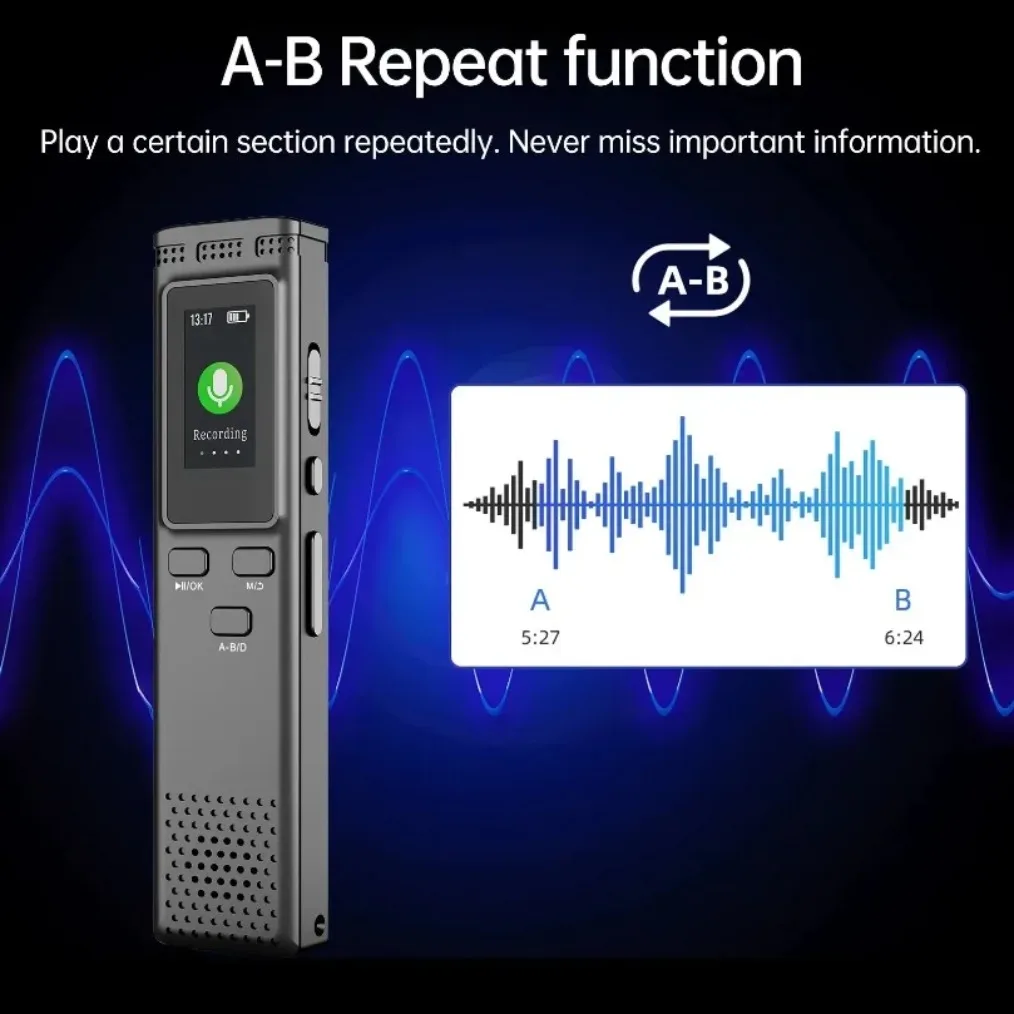 مسجل صوت رقمي مع تنشيط صوتي للحد من الضوضاء 64 جيجابايت/16 جيجابايت مشغل موسيقى MP3 يصل إلى 288 ساعة تسجيل صوتي