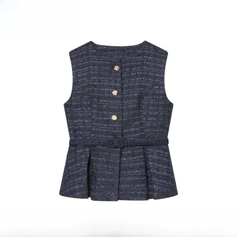 

New Autumn Winter Women's Vest Belted round Ne Metal Color Tead Decoration Street Sle ort Length Single Button Pure C...