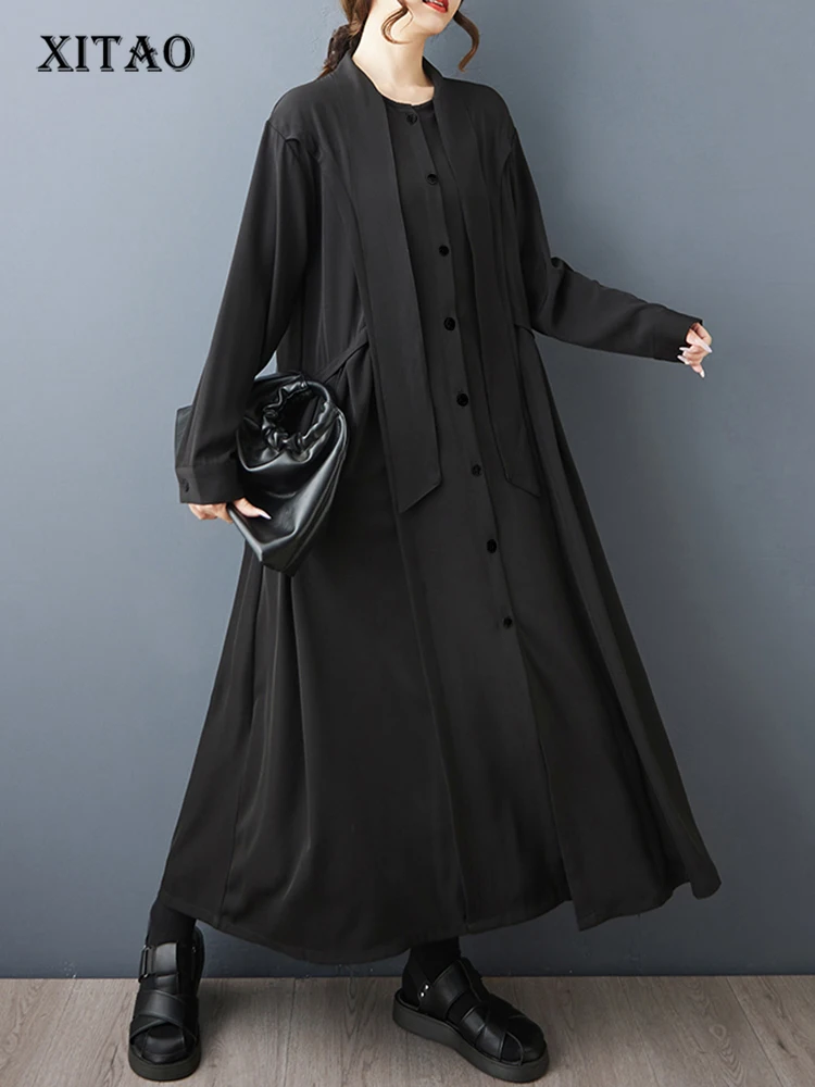 

XITAO Drawstring Full Sleeve Vintage Dress Solid Color Single Breasted Loose Pocket Casual All-match Simple Woman Dress ZMY1407