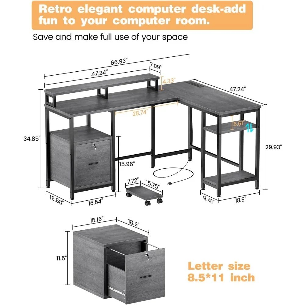 リバーシブルコンピュータデスク,67インチのL字型デスク,大きな引き出しと調節可能な収納棚,コーナーデスク