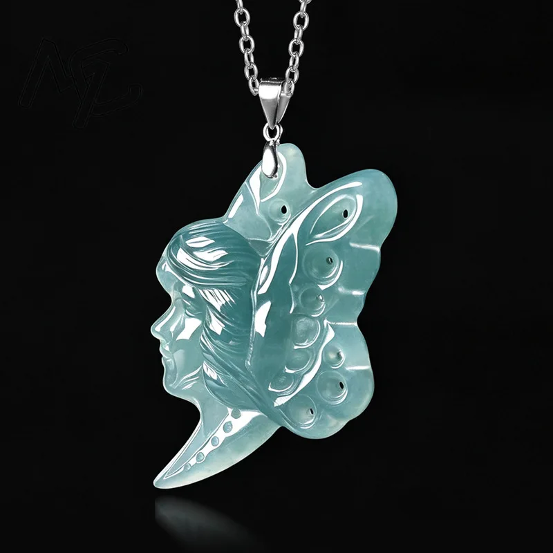 S925 Silver Natural Blue Water Jade Butterfly Fairy Pendant Necklace Real Carved Charm Jadeite Jewelry Fashion Amulet Gift Women view 3