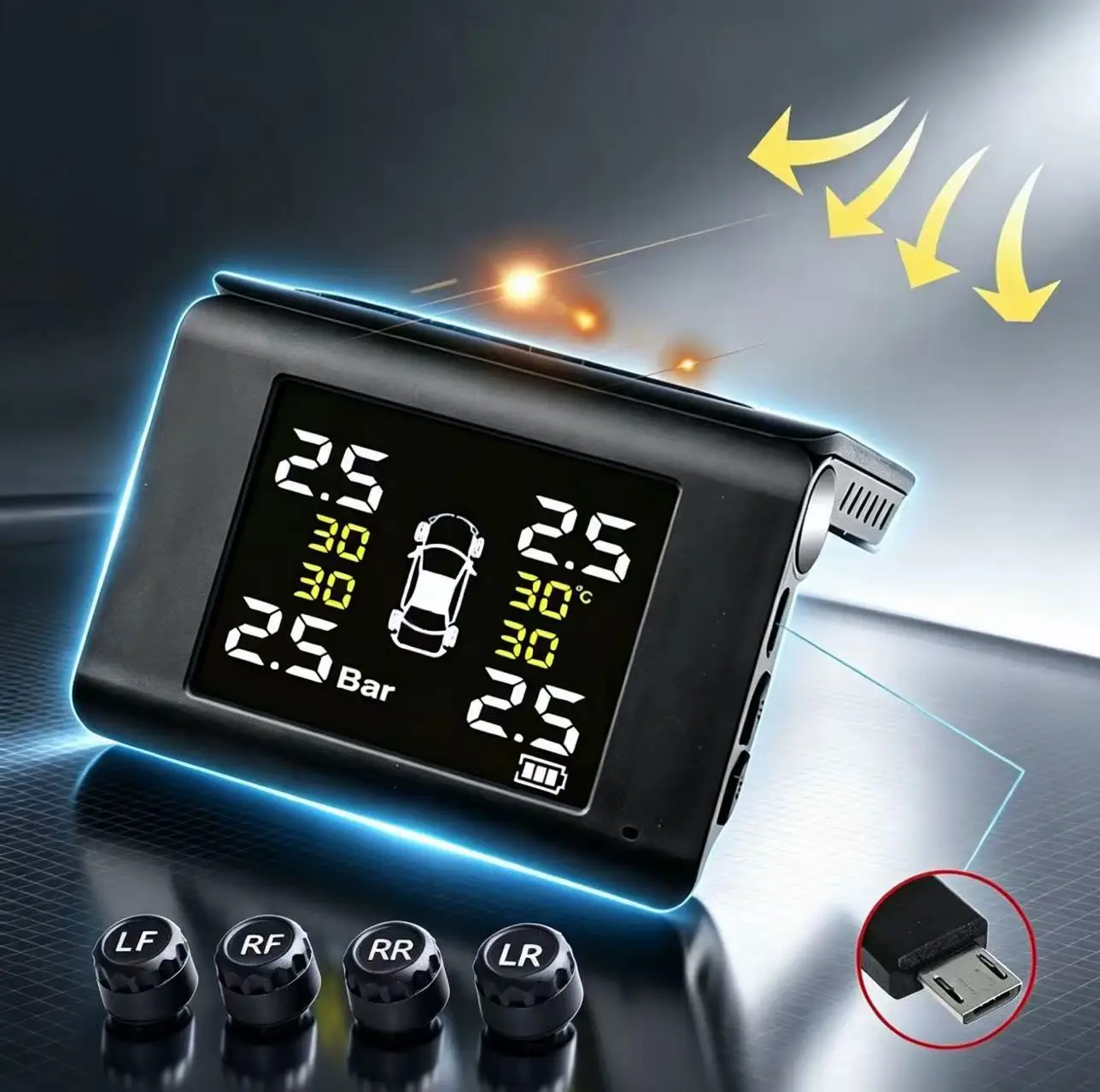 Wireless Foldable TPMS Solar Powered Car Tire Pressur Color Digital LCD Display 4Pcs External Sensors Tyre Temp Pressure Alert