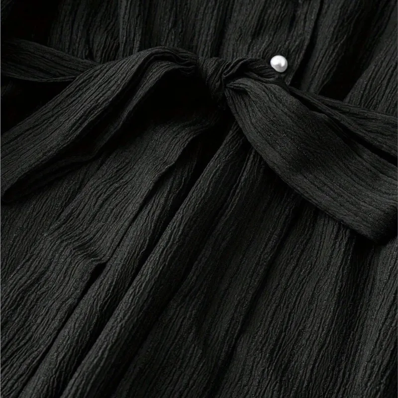 ボヘミアン風 レディース マキシ丈ワンピース 2025年新作 ブラック レースアップ ウエストマーク ロングスリーブ 上品でファッショナブルなプロムドレス 女性用 ローブ