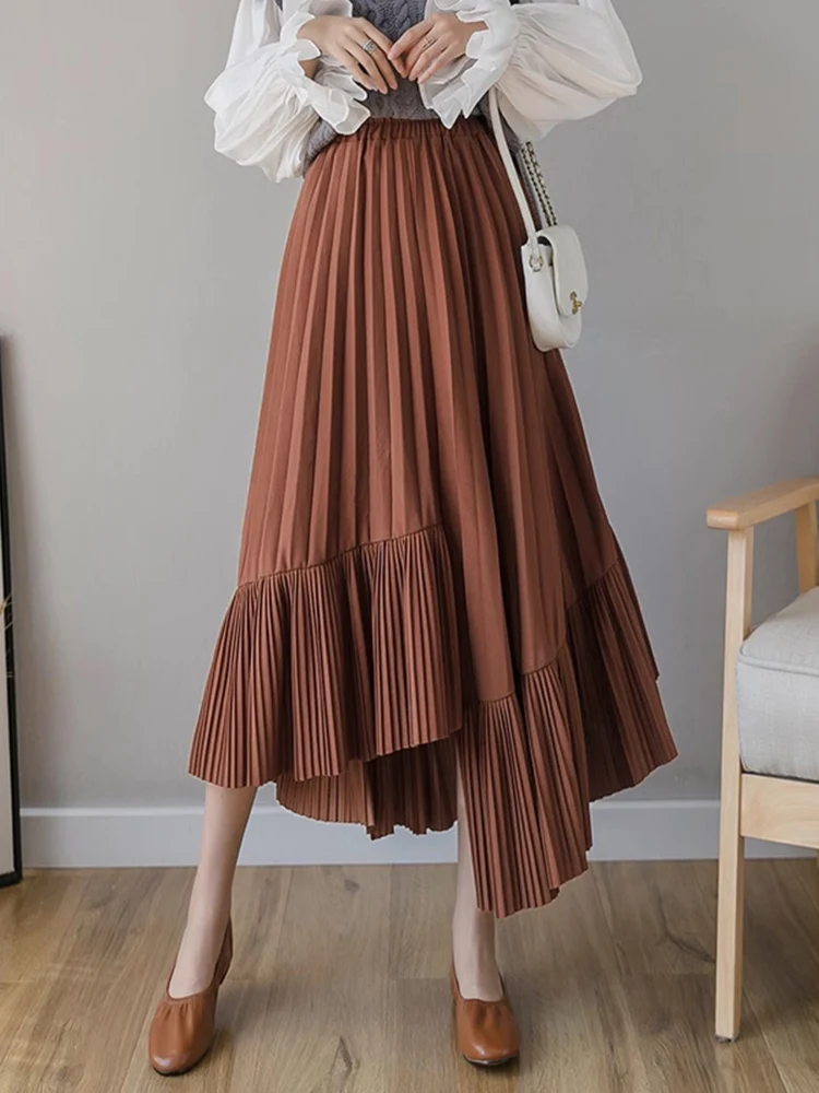

ZANZEA Women Pleated Mid-Calf Skirts Casual Asymmetrical Hem Overskirts 2025 Autumn Solid Color Elegant OL Elastic Waist Bottoms