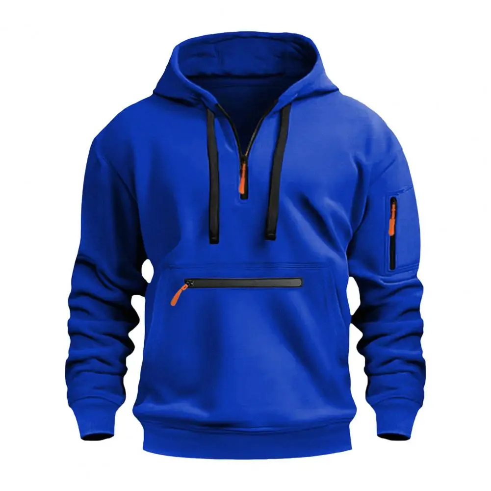 Loose Fall Winter Men Hoodie Zipper Hip Hop Elastic Cuff Drawstring Warm Pullover Mid Length Sweatshirt Sport Top