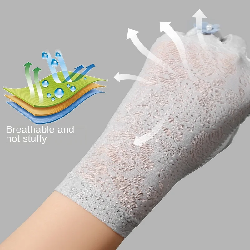 Guantes de encaje fino de seda de hielo para mujer, protector solar Anti ultravioleta, guantes UV con flores para conducir, primavera y verano