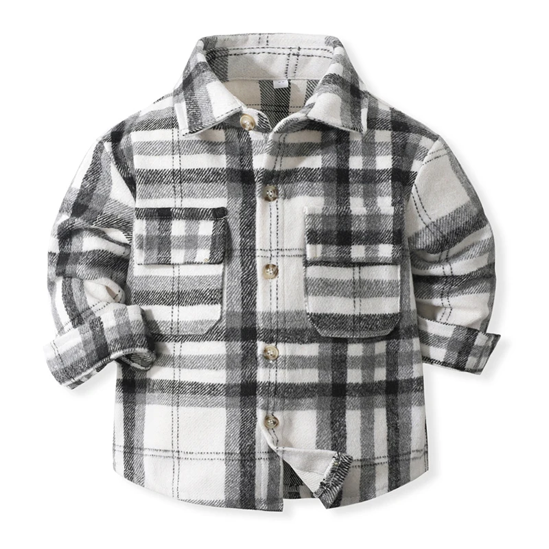 Spring Autumn Fashion Baby Boy Long Sleeve Cotton Plaid Shirt Lapel Collar Button Design Casual Classic Kids Thick Warm Blouses