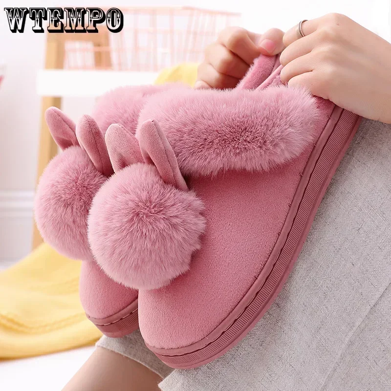 WTEMPO Fluffy House Shoes Women Winter Warm Slippers Cute Rabbit Ears Female Furry Plush Slippers Home Indoor Ladies Soft Shoes