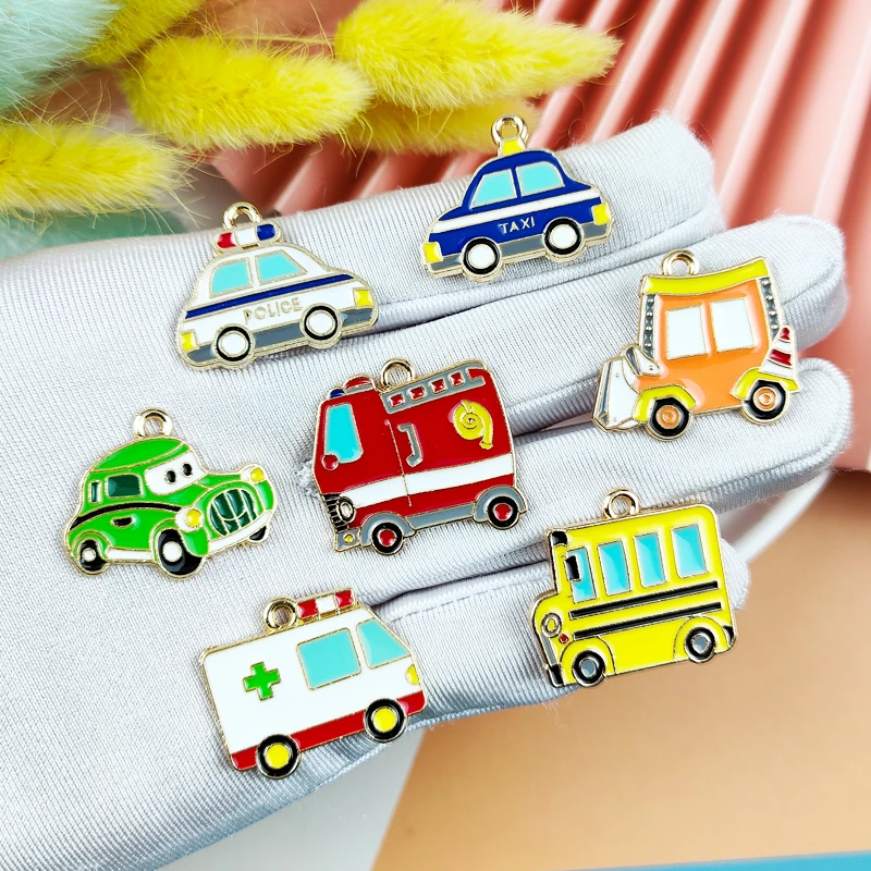 10pcs Cartoon Car Enamel Metal Charms School Bus taxi Pendants For Jewelry Making Cute Earring Dangle Wholesale