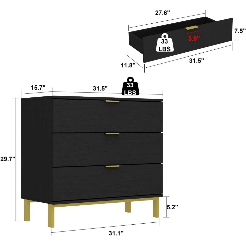 Table de chevet 3 MELCommode, grande table de chevet avec pieds en métal doré, moderne et contemporaine, pour chambre à coucher